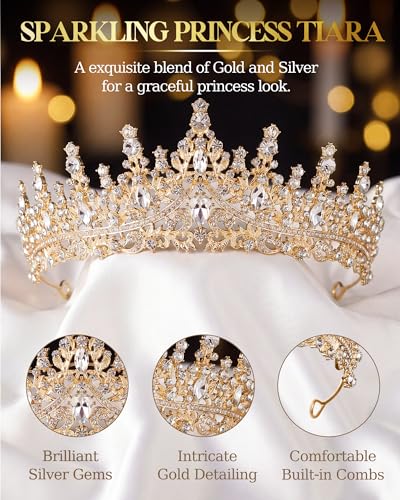 Princess Tiara Crown with Satin Gloves Set Crystal Headpiece for Graduation Prom and Party Photo Props - color: Gold, style: D