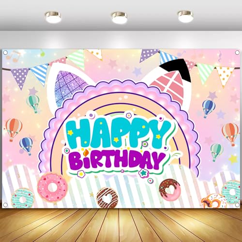 5x3ft Cute Cartoon Cat Theme Backdrop Cartoon Photography Background Kids Boys Girls Birthday Party Decorations Photo Booth Banner Props - color: Purple-Cat