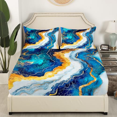 Marble Print Fitted Sheet Twin Size,Marbling Abstract Stone Texture Bedding Set,Boys Girls Adults Room Decor,Artwork Geometric Waves Blue Golden Modern Bed Cover,1 Pillowcase（No Flat Sheet） - color: Blue Golden White, size: TWIN (W39*L75*H16")