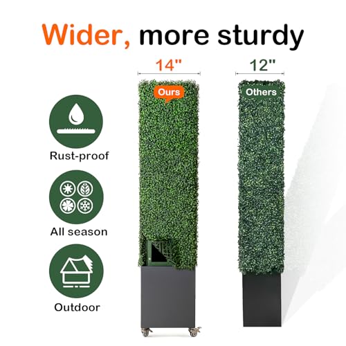 Artificial Boxwood Hedge Wall with Dark Grey Planter Box and Wheels, Greenery Fake Faux Grass Panels Backdrop Divider 48" WX50 HX14 D - size: 48"wx50"hx14"d