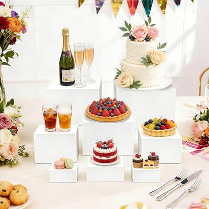 ABenkle 6Pcs White Acrylic Buffet Risers, Buffet Table Risers and Stands, Food Risers Display Shelf for Party Catering Dessert Cupcake,Cube Display Box with Mini Sign - size: 8",7",6",5",4",3"