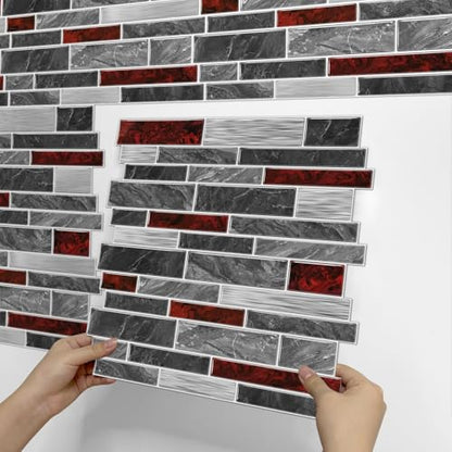 VICCI 12-Sheet Peel and Stick Tile Backsplash, Vinyl Waterproof Tiles Decals 12 x 12 inch Self Adhesive Wall Sticker for Kitchen, Bathroom & Laundry Room (Grey & Red Marble Style) - color: Spt-202, size: 12 x 12 inch (Marble style)