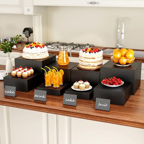 Metal Buffet Risers,4PCS OVERSIZED Food Risers for Buffet Table 8''X9''10''X11''Display Stand with Mini Acrylic Signs for Catering Dessert Collectibles Jewelry Figures Show Matte Black Cube Boxes Nesting Risers with Hollow Bottoms - color: Matte Black, si
