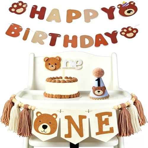 1st Birthday Decorations For Boy Girl - Bear Birthday Party Decorations With Felt Happy Birthday Banner, Birthday High Chair Banner, Cake Topper & Party Hat, First Birthday Decor Kit For Baby Shower - color: Bear