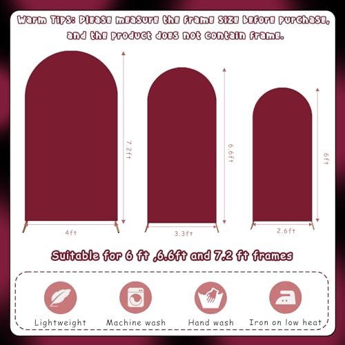 3Pcs Crimson Arch Backdrop Covers(7.2FT/6.6FT/6FT), Spandex Fitted Chiara Arch Stand Covers Backdrops for Wedding Baby Shower Birthday Graduation Photo Booth Props(Only Cover) - color: Crimson, size: 7.2FT/6.6FT/6FT