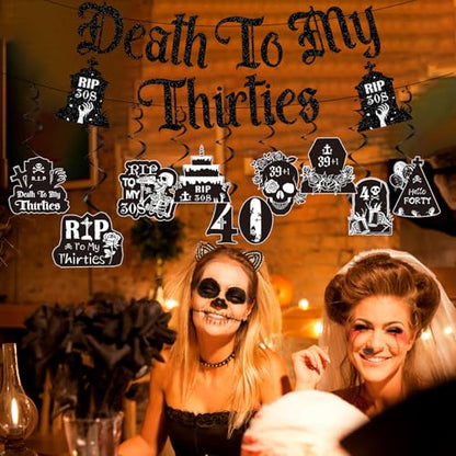 Black Glittery 40th Birthday Decorations for Him Her, Death to My 30s Banners Birthday Decoration, Funeral Rip to My Thirties Hanging Swirls Decor Supplies Women Men - style: Death to My 30s