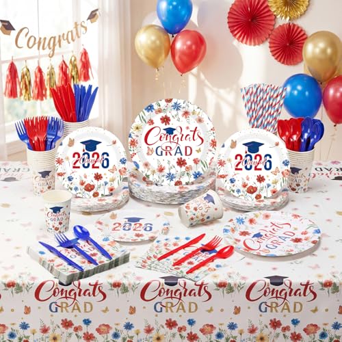 Ceenna 452 Pcs 2026 Red White Blue Floral Graduation Party Decoration for 50, Wildflower Congrats Grad Paper Plates Napkins Cups Tablecloth Cutlery Straw Grad Tableware for Class of 2026 Party Supply - color: Red Blue