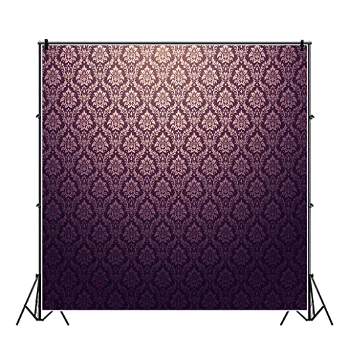 YongFoto 4x4ft Dark Purple Gold Damask Floral Texture Pattern Backdrop Vintage Classic Flower Design Interior Room Retro Wall Photography Background Baby Shower Girl Kid Adult Portrait Photo Props - size: 4x4ft
