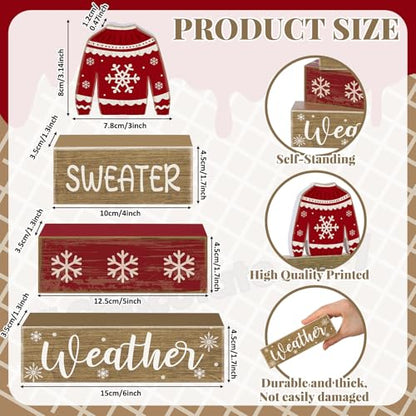 Lineshading 4 Pcs Christmas Table Decorations Ugly Sweater Christmas Decor Winter Tiered Tray Decor Xmas Centerpiece Decorative Ugly Sweater Block Signs Gift Farmhouse Xmas Decoration for Home Kitchen - style: Christmas Sweate