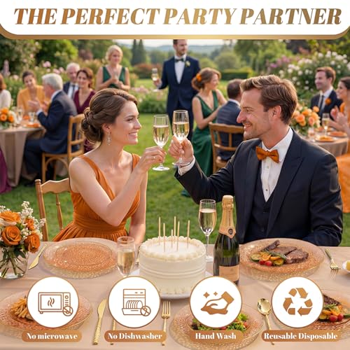 I00000 150Pcs Clear Orange Plastic Plates with Gold Rim,Orange Disposable Plastic Plates,Gold hammer patterned Disposable plates Set include 30 Dinner Plate,30 Dessert Plate,90 Silverware Set - color: Clear Orange