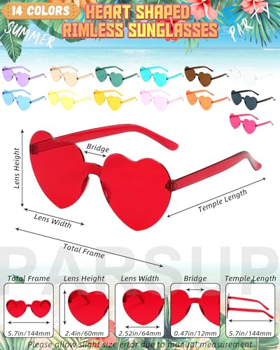 PARSUP 14 Pairs Heart Shaped Rimless Frameless Sunglasses Transparent Candy Color Glasses Tinted Eyewear Bachelorette Party Favors Photo Booth Props,14 Colors