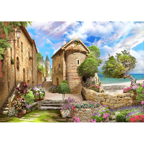 Vintage Italy Backdrop Europe Ancient Old City Italy Photography Background Tuscany Garden Old Houses Blossoming Flowers Backdrop Decors Mountain Village View Scenery for Travel Vacation Props 5x4ft - color: Brown_Blue, size: 5x4ft