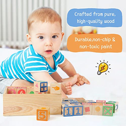 ABC Wooden Building Blocks for Toddlers 3 Large, 40 PCS Alphabet & Number Stacking Blocks with Storage Tray, Montessori Educational Learning Toys for Boys Girls Kids Gifts 1.65" - style: 40 abc blocks tray
