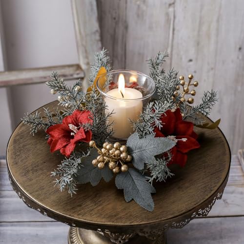 Christmas Candle Ring Kitchen Cabinet Wreath Xmas Table Centerpieces 9.8" Mini Rings Wreaths Candle Holder for Pillars Rustic Home Decor