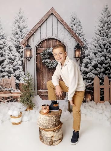 Kate Christmas Winter Cabin Snowy Fence White Green Tree Backdrop Photo Background Studio Props,7x5ft