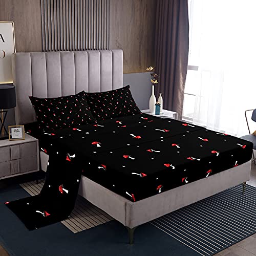 Cute Mushroom Bed Sheets Full Size, Kid Cartoon Kawaii Sheet Set, Red Mushroom Bedding Set, Farmhouse Botanical Fitted Sheet Lovely Natural Wild Plants Flat Sheet For Room Decor, Black,2 Pillowcases - color: Multi 80, size: Full