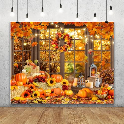 Fall Thanksgiving Backdrop for Photography 10x8ft Autumn Forest Window Pumpkin Haystack Sunflower Photo Backdrop Maple Leaves Path Friendsgiving Party Decor Baby Shower Kids Adult Portrait Photo Props