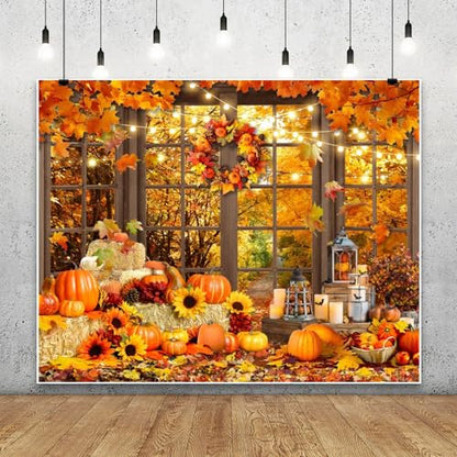 Fall Thanksgiving Backdrop for Photography 10x8ft Autumn Forest Window Pumpkin Haystack Sunflower Photo Backdrop Maple Leaves Path Friendsgiving Party Decor Baby Shower Kids Adult Portrait Photo Props