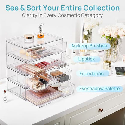 Vtopmart 12.1''W Clear Stackable Storage Drawers,4 Pack Acrylic Plastic Organizers Bins for Makeup Palettes, Cosmetics, and Beauty Supplies,Ideal for Vanity, Bathroom,Cabinet,Desk Organization - style: 4pack Wide