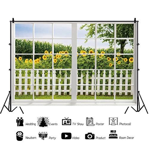 Renaiss 8x6ft Spring Sunflower Window Scenery Backdrop White Fence Yellow Sunflowers Countryside Garden Nature Landscape Photography Background for Girl Woman Wedding Birthday Party Studio Props - color: WSNWH17965, size: 8x6ft