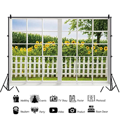 Renaiss 6x4ft Spring Sunflower Window Scenery Backdrop White Fence Yellow Sunflowers Countryside Garden Nature Landscape Photography Background for Girl Woman Wedding Birthday Party Studio Props - color: WSNWH17965, size: 6x4ft