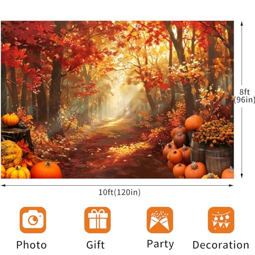 deFouliao Fall Backdrop for Photography Autumn Harvest Thanksgiving Maple Leaves Pumpkins Flowers Background Banner Thanksgiving Party Supplies Photo Booth Props, 10x8ft - color: Gold and Red, size: 10x8ft