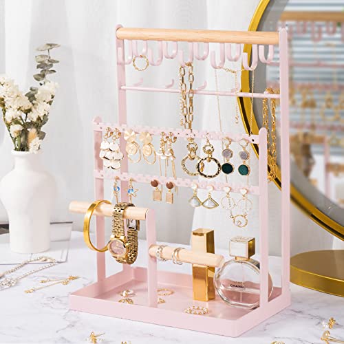 ProCase Jewelry Organizer Stand Necklace Organizer Earring Holder, 6 Tier Jewelry Stand Necklace Holder with 15 Hooks, Jewelry Tower Display Rack Storage Tree for Bracelets Earrings Rings -Pink - color: Pink
