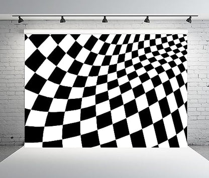 BELECO 9x6ft Fabric Black and White Checkered Backdrop Racing Checker Chess Board Texture Grid Checkerboard Wave Background Racing Themed Party Supplies Birthday Decorations Photo Studio Props - size: 9x6FT