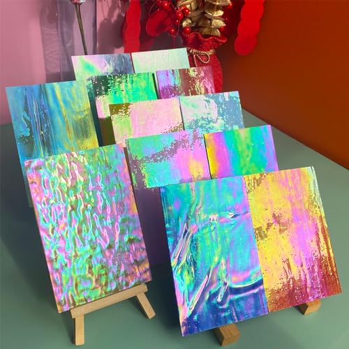 12 Sheets High Shine Iridescent Stained Glass Sheet Variety Pack, 4 x 6-inch Iridized Art Glass Mosaic Tiles for Crafts, Stained Glass Supplies for Glass Projects and Mosaic Work - color: Iridescent Mixed