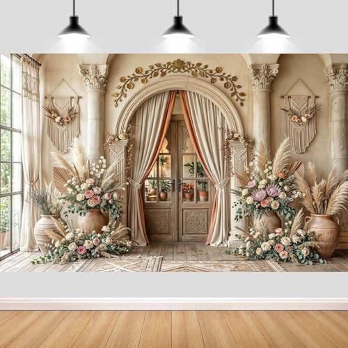 5X3ft Boho Floral Wedding Backdrop Retro Elegant Flowers Wall Photography Background Beige Vintage Wedding Bridal Shower Mother's Day Event Party Home Art Decor Portrait Photoshoot Props - color: Boho04, size: 5X3FT
