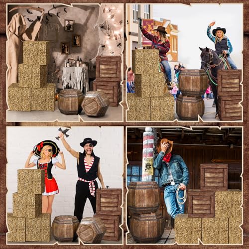 Threehoney 8 Pcs Western Cowboy Party Decorations 11.8 Inches Summer Halloween Hay Bales Boxes Decor Include Wood Grain Wine Barrel Boxes Hay Decoration for Pirate Farmhouse Western Themed Party