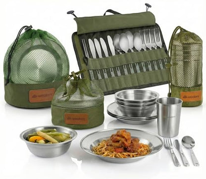 Wealers Unique Complete Messware Kit Polished Stainless Steel Dishes Set| Tableware| Dinnerware| Camping| Buffet| Includes - Cups | Plates| Bowls| Cutlery| Comes in Mesh Bags (4 Person Set) - color: Green
