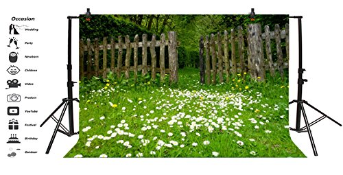 AOFOTO 6x4ft Spring Garden Daisy Flower Backdrop Rustic Wood Fence Summer Meadow Photography Background Forest Wonderland Grass Florets Country Hiking Suburbs Picnic Girl Boy Scouts Photo Studio Props - size: 6x4ft