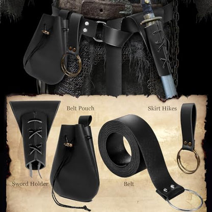 4PCS Medieval Leather Sword Frog Dagger Holder Belt Rapier Scabbard Viking Knight Renaissance Belt Pouch Halloween Costume - color: Black