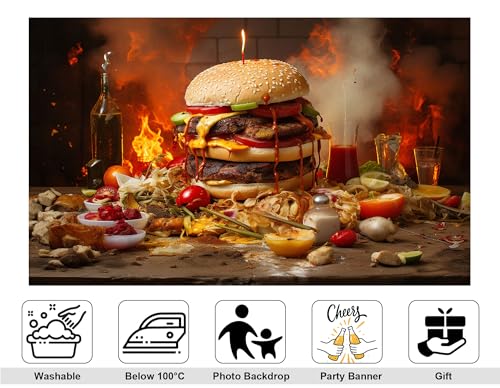 12x10ft Fiery Giant Burger Backdrop Burning Flame Photography Background for Spicy Food Party and Festival Decorations Tapestry Photo Booth Props - size: 12x10ft