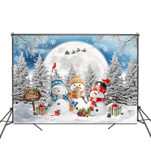 Christmas Snowman Backdrop 8x6ft Merry Christmas Snowy Forest Photography Background Party Decorations Winter Wonderland Xmas Moon Banner Photo Booth Props - size: 8x6ft