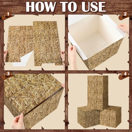 Threehoney 8 Pcs Western Cowboy Party Decorations 11.8 Inches Summer Halloween Hay Bales Boxes Decor Include Wood Grain Wine Barrel Boxes Hay Decoration for Pirate Farmhouse Western Themed Party