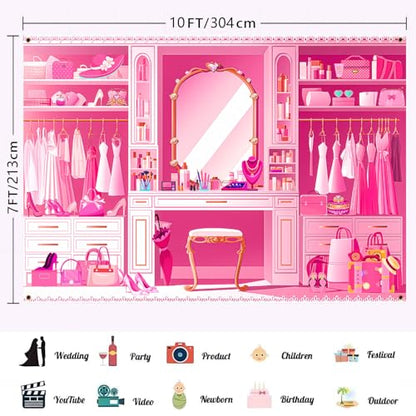 HANYING Pink Princess Cloakroom Backdrop,10x7ft Cartoon Girly Vanity Table Makeup Photography Background,Girls Birthday Baby Shower Photo Backdrop,Portrait Studio Props,HY0137YL