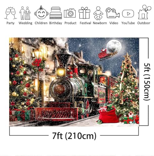 Mocsicka Christmas Train Backdrop Winter Town Snow Railway Xmas Tree Photography Background Winter Xmas Eve New Year Family Party Decor Photo Booth Studio Props (7x5ft (82x60 inch)) - size: 7x5ft (82x60 inch)