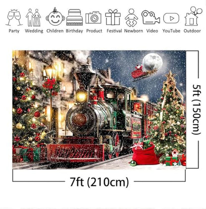 Mocsicka Christmas Train Backdrop Winter Town Snow Railway Xmas Tree Photography Background Winter Xmas Eve New Year Family Party Decor Photo Booth Studio Props (7x5ft (82x60 inch)) - size: 7x5ft (82x60 inch)