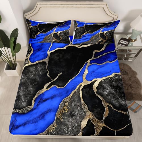 Erosebridal Black Blue Marble Twin Bed Sheets for Women Men Adults - Marble Minimalist Design Sheet Set Abstract Metallic Texture Bedding Set Marbling Crack Sheets - color: Black Blue, size: Twin