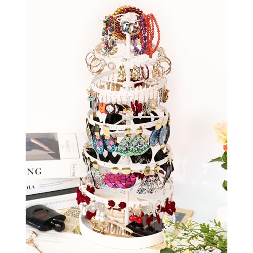 17Dec 6 Tier Rotating Jewelry Organizer Stand, 230 Holes Earring Holder Organizer for Women Girls, Spinning Earring Tree with Ring Holder, Wide Base for Bracelets Watches Lipstick - color: Metal,6-Tier,White