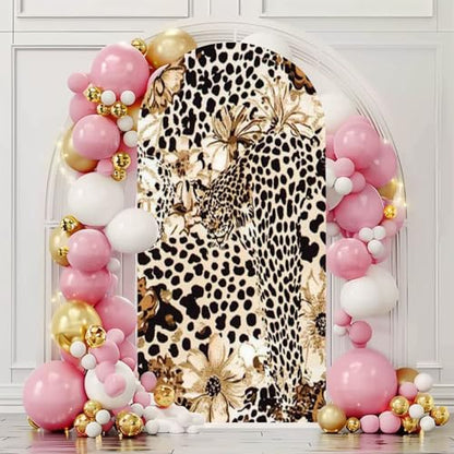 Leopard Texture Leopard Print Leopard Flowers Seamless Pattern 7.2FT Wedding Arch Cover Spandex Fitted Fabric Round Top Stretchy Backdrop Stand Covers for Wedding Birthday Party Decoration