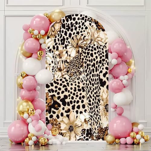Leopard Texture Leopard Print Leopard Flowers Seamless Pattern 7.2FT Wedding Arch Cover Spandex Fitted Fabric Round Top Stretchy Backdrop Stand Covers for Wedding Birthday Party Decoration