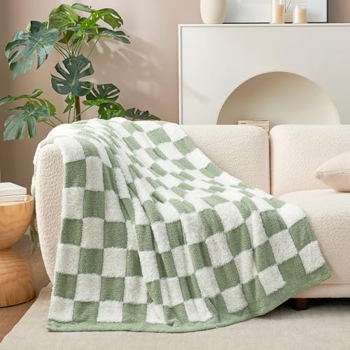 Snuggle Sac Sage Green Checkered Throw Blanket Faux Fur Knitted with Microfiber Yarn, Cozy Soft Warm Spring Blankets for Couch,Sofa,Bedroom,Sage Green Checker,50x60 inches - color: Green White, size: Throw(50"x60")