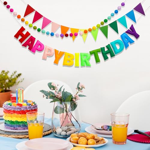 3 Pcs Pre-Strung Reusable Happy Birthday Banner, Handmade Wool Felt Ball Garland, Triangle Flags, Personalized Felt Holiday Sign Pom Pom Garland for Rainbow Party Decorations Fireplace Mantel Wall Window (Birthday Banner + Flags + Rainbow Balls) - color: