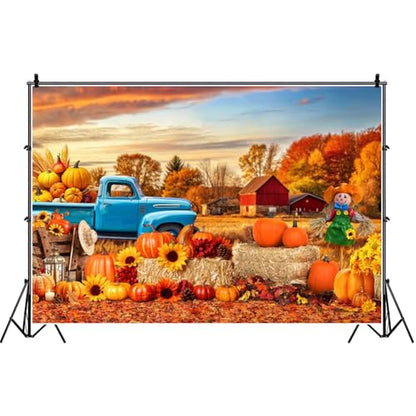 deFouliao Fall Backdrop for Photography Autumn Harvest Thanksgiving Maple Leaves Pumpkins Car Field Background Banner Thanksgiving Party Supplies Photo Booth Props, 8x6ft - color: Gold and Blue, size: 8x6ft