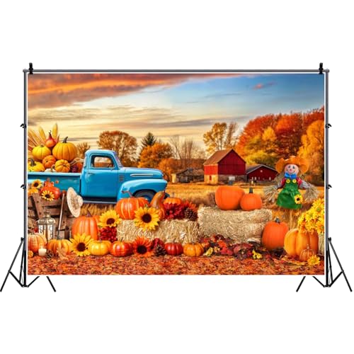 deFouliao Fall Backdrop for Photography Autumn Harvest Thanksgiving Maple Leaves Pumpkins Car Field Background Banner Thanksgiving Party Supplies Photo Booth Props, 6x4ft - color: Gold and Blue, size: 6x4ft