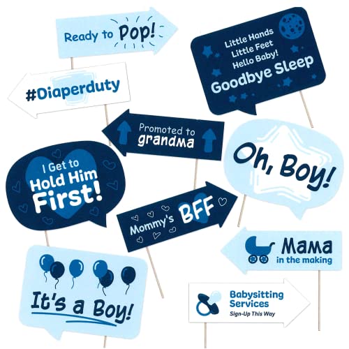 It's a Boy Baby Shower Photo Booth Props - Hello Little Boy Themed Party Decorations - Blue Party Photography Supplies - Selfie Props with Sticks - 10pcs