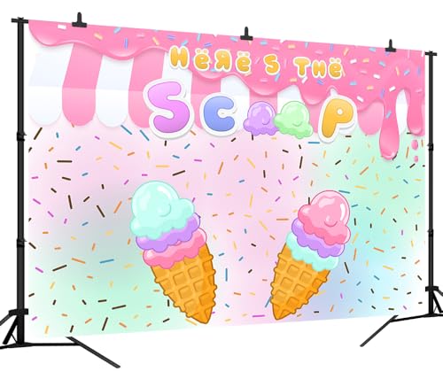 7x5Ft Ice Cream Backdrop Donut Sweet One Sprinkles Birthday Decorations Donut Here's The Scoop Ice Cream Sweet Cake Table Banner Baby Shower Photo Booth Props - color: Ice cream Backdrop 5